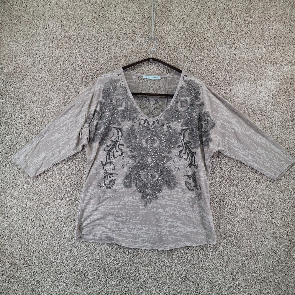 Maurices Top Womens Large Gray Embellished Lace Back V-Neck Boho Streetwear